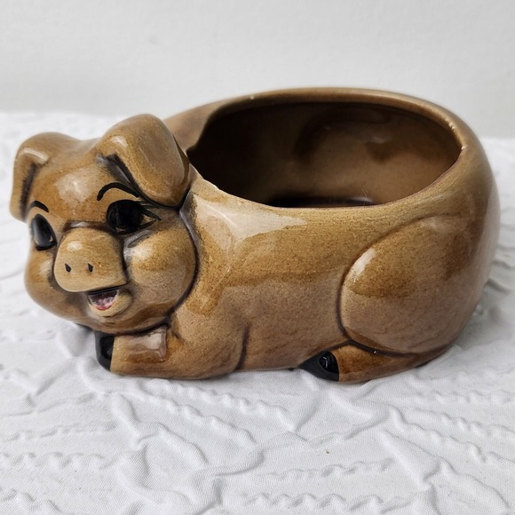 Pig Belly Open Ceramic Kitchen Scrubber Plant Holder Brown Vintage - Picture 1 of 6